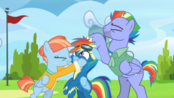 Size: 1920x1080 | Tagged: safe, derpibooru import, screencap, bow hothoof, rainbow dash, windy whistles, pegasus, pony, parental glideance, noogie, rainbow dash's parents, windyhoof