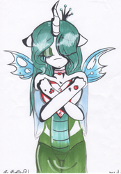 Size: 765x1102 | Tagged: safe, artist:fiji-firefox, queen chrysalis, anthro, changeling, changeling queen, eyes closed, female, heart, sad, simple background, solo, white background