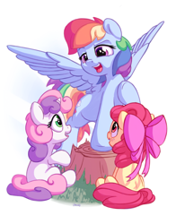 Size: 1100x1400 | Tagged: safe, artist:bobdude0, derpibooru import, apple bloom, rainbow dash, sweetie belle, earth pony, pegasus, pony, unicorn, commission, female, filly, mare, simple background, spread wings, tree stump, trio, white background, wings