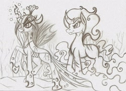 Size: 2294x1658 | Tagged: safe, artist:rossmaniteanzu, king sombra, queen chrysalis, changeling, changeling queen, pony, unicorn, monochrome, traditional art