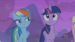 Size: 400x225 | Tagged: safe, derpibooru import, screencap, fluttershy, rainbow dash, twilight sparkle, twilight sparkle (alicorn), alicorn, pegasus, pony, not asking for trouble, animated, flying, gif, lidded eyes, looking at each other, nodding, rainbow trail, smiling, spread wings, wings
