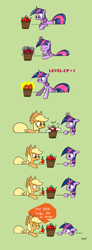 Size: 1000x2712 | Tagged: safe, artist:thewormouroboros, derpibooru import, applejack, twilight sparkle, earth pony, pony, apple, comic, orange, orangified