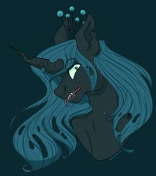 Size: 1000x1125 | Tagged: safe, artist:mythical-sarah, queen chrysalis, changeling, changeling queen, fangs, female, looking at you, smiling, solo, tongue out