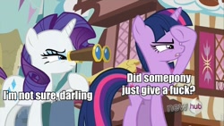 Size: 960x540 | Tagged: safe, derpibooru import, screencap, rarity, twilight sparkle, pony, unicorn, one bad apple, caption, image macro, no fucks, vulgar