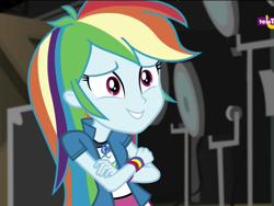 Size: 1024x768 | Tagged: safe, derpibooru import, screencap, rainbow dash, equestria girls, movie magic, spoiler:eqg specials, cropped, crossed arms, cute, dashabetes, geode of super speed, magical geodes, necklace, pendant, smiling, solo, wristband