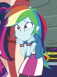 Size: 392x532 | Tagged: safe, derpibooru import, screencap, rainbow dash, sci-twi, twilight sparkle, equestria girls, movie magic, spoiler:eqg specials, cropped, cute, dashabetes, excited, geode of super speed, grin, magical geodes, nervous, nervous grin, smiling