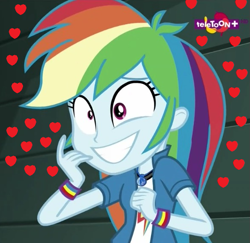Size: 587x571 | Tagged: safe, derpibooru import, edit, edited screencap, screencap, rainbow dash, equestria girls, movie magic, spoiler:eqg specials, bracelet, cropped, cute, dashabetes, geode of super speed, grin, heart, in love, jewelry, magical geodes, nervous, nervous grin, smiling, solo, teletoon, wristband