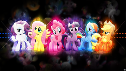 Size: 1920x1080 | Tagged: safe, artist:kibbiethegreat, artist:mindnomad, artist:moongazeponies, artist:shelltoon, derpibooru import, applejack, fluttershy, pinkie pie, rainbow dash, rarity, twilight sparkle, earth pony, pegasus, pony, unicorn, mane six, reflection, remake, sparkles, vector, wallpaper