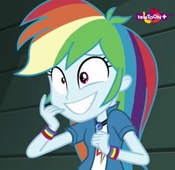 Size: 587x571 | Tagged: safe, derpibooru import, screencap, rainbow dash, equestria girls, movie magic, spoiler:eqg specials, bracelet, cropped, cute, dashabetes, female, geode of super speed, grin, jewelry, magical geodes, necklace, nervous, nervous grin, pendant, rainbow dash is best facemaker, smiling, solo, teletoon, wristband
