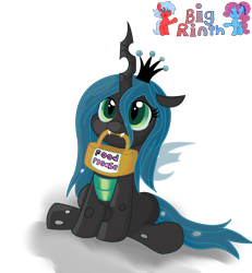 Size: 2080x2248 | Tagged: safe, artist:bigrinth, queen chrysalis, changeling, changeling queen, basket, cute, cutealis, mouth hold, sign, simple background, solo, transparent background