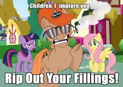 Size: 805x573 | Tagged: dead source, safe, artist:ladyvandalegribble, derpibooru import, fluttershy, twilight sparkle, pegasus, pony, crossover, dale gribble, image macro, king of the hill, ponified