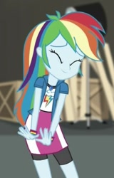 Size: 330x516 | Tagged: safe, derpibooru import, screencap, rainbow dash, equestria girls, movie magic, spoiler:eqg specials, bracelet, clothes, compression shorts, cropped, cute, dashabetes, eyes closed, female, flattered, geode of super speed, grin, jewelry, magical geodes, moe, nervous, nervous grin, skirt, smiling, solo, wristband