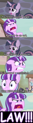 Size: 444x1656 | Tagged: safe, edit, screencap, applejack, rainbow dash, rarity, starlight glimmer, twilight sparkle, twilight sparkle (alicorn), alicorn, earth pony, pegasus, pony, unicorn, the cutie map, comic, image macro, judge dredd, judge rico, law, meme, ragelight glimmer, rico, screencap comic