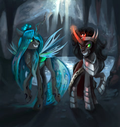 Size: 1000x1055 | Tagged: safe, artist:dearmary, king sombra, queen chrysalis, changeling, changeling queen, pony, unicorn, cave, duo, water