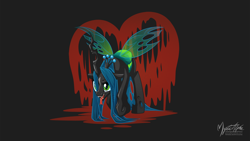 Size: 1920x1080 | Tagged: safe, artist:mysticalpha, queen chrysalis, changeling, changeling queen, female, heart, open mouth, raised hoof, solo, tongue out, wallpaper