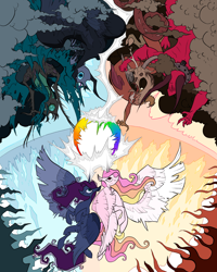 Size: 1600x2000 | Tagged: safe, artist:php15, discord, lord tirek, nightmare moon, princess celestia, princess luna, queen chrysalis, alicorn, changeling, changeling queen, pony, eldritch abomination, magic, magic blast, magic of friendship, redesign, spread wings, wings