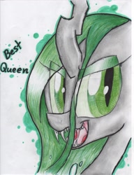 Size: 2544x3304 | Tagged: safe, artist:pop-roxy, queen chrysalis, changeling, changeling queen, best pony, fangs, open mouth, smiling, solo, traditional art