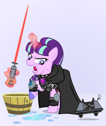 Size: 758x900 | Tagged: safe, artist:pixelkitties, starlight glimmer, pony, unicorn, the cutie map, armor, cloak, clothes, crossover, levitation, lightsaber, magic, mouse droid, open mouth, raised hoof, sith, sithlight glimmer, solo, star wars, telekinesis