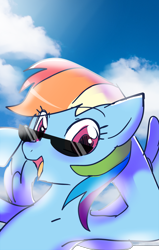 Size: 1400x2200 | Tagged: safe, artist:haden-2375, derpibooru import, rainbow dash, pegasus, pony, cloud, cute, dashabetes, flying, happy, looking at you, open mouth, solo, sunglasses