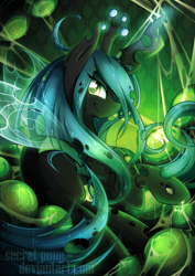 Size: 723x1023 | Tagged: safe, artist:secret-pony, queen chrysalis, changeling, changeling queen, bugbutt, butt, changeling hive, cocoon, egg, hive, looking at you, plot, smiling, smirk, solo