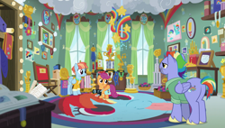 Size: 1920x1090 | Tagged: safe, derpibooru import, screencap, bow hothoof, rainbow dash, scootaloo, windy whistles, pegasus, pony, parental glideance, award, camera, chair, dashmentos, medal, rainbow dash's parents, ribbon, trio, trophy, windyhoof