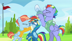 Size: 1920x1090 | Tagged: safe, derpibooru import, screencap, bow hothoof, rainbow dash, windy whistles, pegasus, pony, parental glideance, clothes, rainbow dash's parents, uniform, windyhoof, wonderbolts uniform