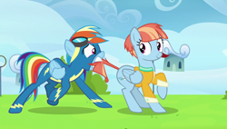 Size: 1920x1090 | Tagged: safe, derpibooru import, screencap, rainbow dash, windy whistles, pegasus, pony, parental glideance, clothes, detailed background, duo, female, freckles, goggles, grass, looking at each other, mare, mother and child, mother and daughter, parent and child, tail pull, wingding eyes, wings, wonderbolts uniform