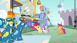 Size: 1920x1090 | Tagged: safe, derpibooru import, screencap, apple bloom, bow hothoof, fleetfoot, rainbow dash, scootaloo, spitfire, sweetie belle, windy whistles, pegasus, pony, parental glideance, clothes, cutie mark crusaders, rainbow dash's parents, uniform, windyhoof, wonderbolts uniform