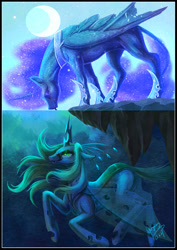 Size: 2480x3507 | Tagged: safe, artist:begasus, nightmare moon, queen chrysalis, alicorn, changeling, changeling queen, pony, chrysmoon, crescent moon, female, hunting, lesbian, moon, shipping