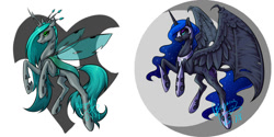 Size: 1181x590 | Tagged: dead source, safe, artist:begasus, nightmare moon, queen chrysalis, changeling, changeling queen, armor