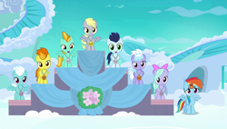 Size: 1920x1090 | Tagged: safe, derpibooru import, screencap, cloudchaser, derpy hooves, fleetfoot, flitter, lightning dust, rainbow dash, soarin', spitfire, pegasus, pony, parental glideance, female, filly, filly derpy, medal, podium, spread wings, underp, wingboner, wings, younger