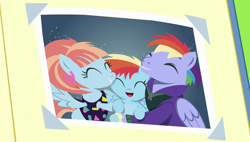 Size: 1920x1090 | Tagged: safe, derpibooru import, screencap, bow hothoof, rainbow dash, windy whistles, pegasus, pony, parental glideance, baby, baby dash, baby pony, clothes, cute, dashabetes, eyes closed, female, filly, happy, hug, male, mare, photo, rainbow dash's parents, smiling, spread wings, stallion, wings