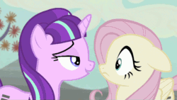 Size: 610x343 | Tagged: safe, artist:superedit, edit, edited screencap, screencap, fluttershy, starlight glimmer, pegasus, pony, the cutie map, animated, bedroom eyes, blushing, eye contact, eyes closed, female, floppy ears, frown, glimmershy, kiss edit, kissing, lesbian, nose wrinkle, shipping, surprise kiss, the great and powerful superedit, wide eyes