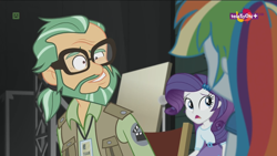 Size: 1920x1080 | Tagged: safe, derpibooru import, screencap, canter zoom, rainbow dash, rarity, equestria girls, movie magic, spoiler:eqg specials, beard, clothes, facial hair, faic, female, glasses, male, skirt, teletoon