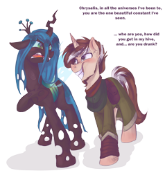 Size: 1900x2000 | Tagged: safe, artist:drawing-heart, queen chrysalis, oc, oc:mcfinnigan the mage, changeling, changeling queen, pony, unicorn, disgusted, drunk, emw:mmmm, flirting