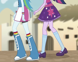 Size: 718x573 | Tagged: safe, derpibooru import, screencap, rainbow dash, sci-twi, twilight sparkle, equestria girls, movie magic, spoiler:eqg specials, boots, clothes, compression shorts, cropped, legs, mary janes, pictures of legs, ponytail, raised leg, shoes, skirt, socks, wristband