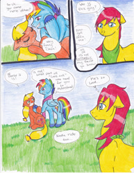 Size: 2552x3300 | Tagged: safe, artist:tristanjsolarez, derpibooru import, applejack, rainbow dash, tex, earth pony, pegasus, pony, comic:trans ponies, g1, comic, g1 to g4, generation leap, high res