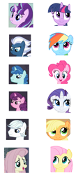 Size: 881x2021 | Tagged: safe, applejack, double diamond, fluttershy, night glider, party favor, pinkie pie, rainbow dash, rarity, starlight glimmer, sugar belle, twilight sparkle, earth pony, pegasus, pony, unicorn, the cutie map, comparison, equal four, mane six