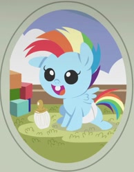 Size: 594x766 | Tagged: safe, derpibooru import, rainbow dash, pegasus, pony, parental glideance, baby, baby bottle, baby dash, baby pony, building blocks, cute, dashabetes, foal, mohawk, solo