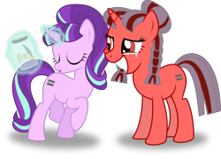 Size: 4166x3000 | Tagged: safe, artist:ruinedomega, starlight glimmer, oc, oc:ademitia, pony, unicorn, the cutie map, alternate hairstyle, crying, duo, duo female, equal cutie mark, equalized, equalized mane, female, forced smile, jar, magic, s5 starlight, simple background, smiling, transparent background