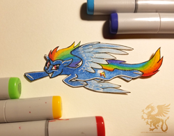 Size: 1722x1344 | Tagged: safe, artist:theantimonyelement, derpibooru import, rainbow dash, pegasus, pony, flying, grin, simple background, smiling, solo, traditional art