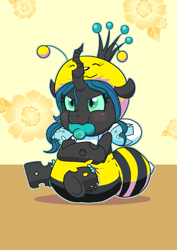 Size: 883x1248 | Tagged: safe, artist:artiecanvas, queen chrysalis, bee, changeling, changeling queen, nymph, age regression, baby, baby pony, bee costume, clothes, costume, crossed arms, cute, cutealis, diaper, filly, foal, onesie, pacifier, poofy diaper, pouting, solo