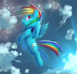 Size: 2700x2600 | Tagged: safe, artist:php69, derpibooru import, rainbow dash, pegasus, pony, cloud, female, filly, filly rainbow dash, flying, mare, solo, stars, windswept mane, younger