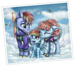 Size: 3773x3337 | Tagged: safe, artist:gaelledragons, derpibooru import, bow hothoof, rainbow dash, windy whistles, pegasus, pony, clothes, cloud, cloudsdale, cute, eyes closed, family, father and child, father and daughter, female, filly, filly rainbow dash, male, mare, mother and child, mother and daughter, parent and child, photo, rainbow dash's parents, rainbow waterfall, stallion, younger