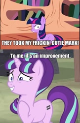 Size: 480x743 | Tagged: safe, artist:sillyfillystudios, starlight glimmer, twilight sparkle, pony, unicorn, the cutie map, blank flank, caption, charlie the unicorn, golden oaks library, image macro, meme, roflbot, text, twilight the unicorn