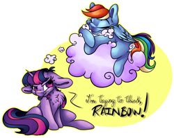 Size: 5046x4009 | Tagged: safe, artist:cutepencilcase, derpibooru import, rainbow dash, twilight sparkle, pegasus, pony, absurd resolution, chest fluff, cloud, simple background, text, thought bubble, transparent background