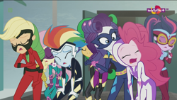 Size: 1920x1080 | Tagged: safe, derpibooru import, screencap, applejack, fili-second, fluttershy, mane-iac, masked matter-horn, mistress marevelous, pinkie pie, radiance, rainbow dash, rarity, saddle rager, sci-twi, sunset shimmer, twilight sparkle, zapp, equestria girls, movie magic, spoiler:eqg specials, clothes, costume, exhausted, geode of super speed, geode of telekinesis, humane five, humane seven, humane six, magical geodes, power ponies, teletoon