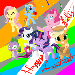 Size: 2250x2250 | Tagged: safe, artist:rixnane, derpibooru import, applejack, fluttershy, pinkie pie, rainbow dash, rarity, spike, twilight sparkle, twilight sparkle (alicorn), alicorn, dragon, earth pony, pegasus, pony, unicorn, female, happy birthday, mane seven, mane six, mare