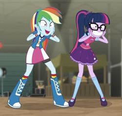 Size: 601x570 | Tagged: safe, derpibooru import, screencap, rainbow dash, sci-twi, twilight sparkle, equestria girls, movie magic, spoiler:eqg specials, boots, clothes, cropped, cute, dashabetes, duo, faic, female, flats, geode of super speed, geode of telekinesis, glasses, magical geodes, open mouth, shoes, skirt, smiling, socks, squee, striped socks, twiabetes