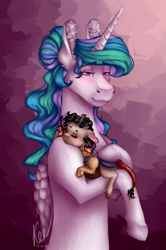 Size: 1748x2635 | Tagged: safe, artist:kayotanv87, derpibooru import, princess celestia, oc, alicorn, hybrid, pony, semi-anthro, abstract background, alternate hairstyle, bipedal, duo, ear fluff, eyebrows visible through hair, female, floppy ears, holding a pony, interspecies offspring, lidded eyes, mare, missing accessory, momlestia, offspring, parent:discord, parent:princess celestia, parents:dislestia, sleeping, smiling